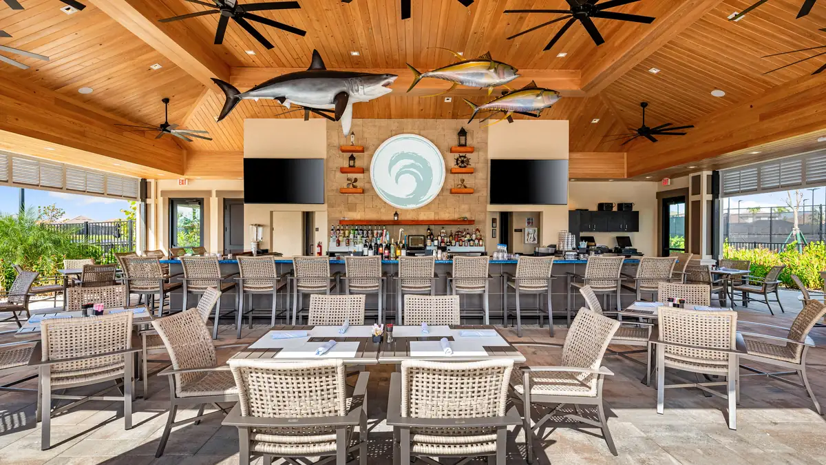 The Bahama Bar at Esplanade at Kingston, a covered outdoor bar and dining area