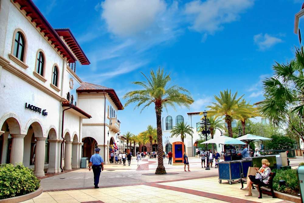 Outdoor retail plaza with palm trees and open-air walkways