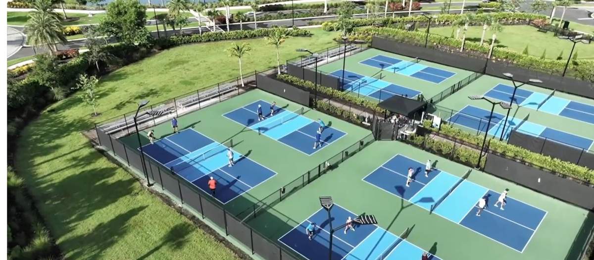 Aerial view of the pickleball courts at Esplanade at Kingston, real photo