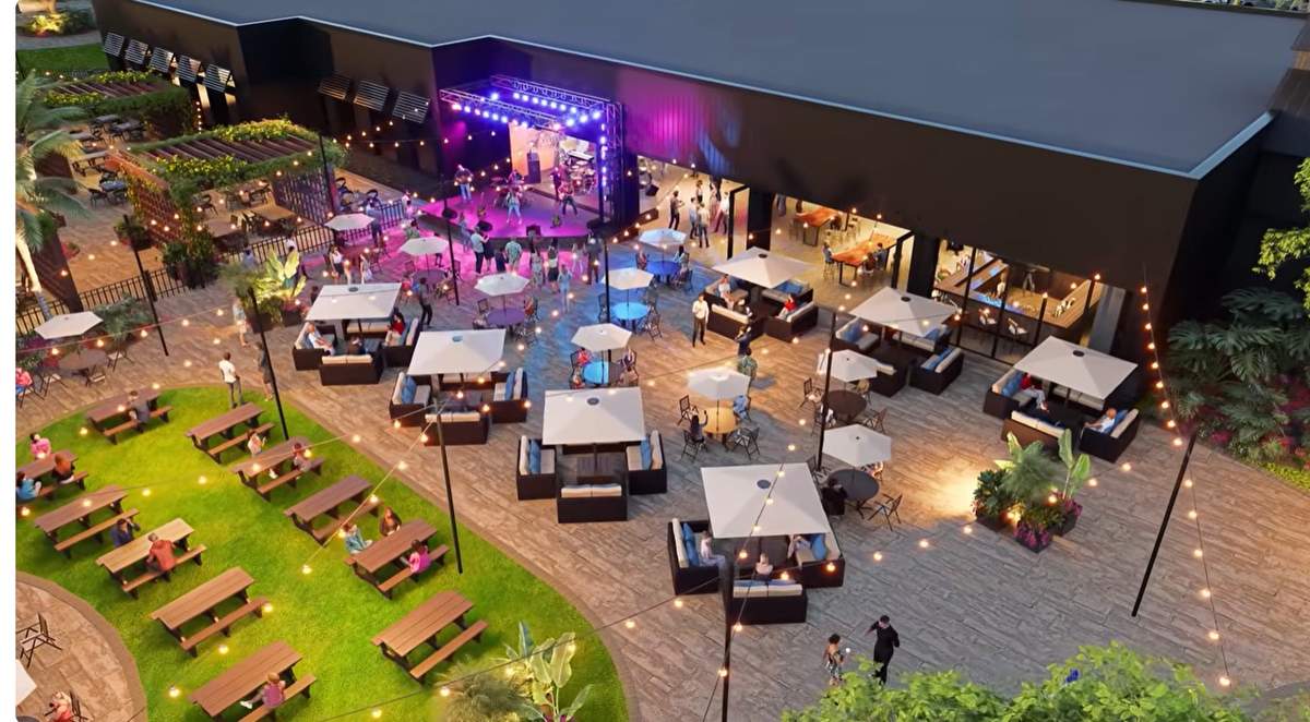 Aerial night view of a concert at the outdoor stage