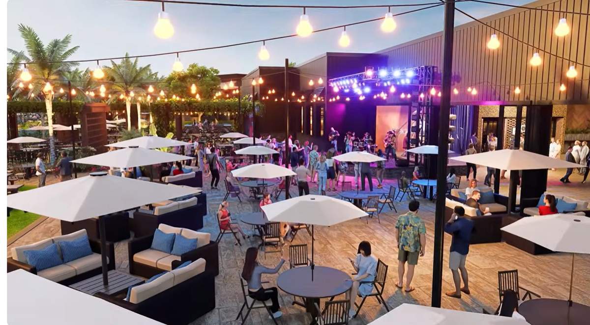 The outdoor stage and lounge seating at Kingston South