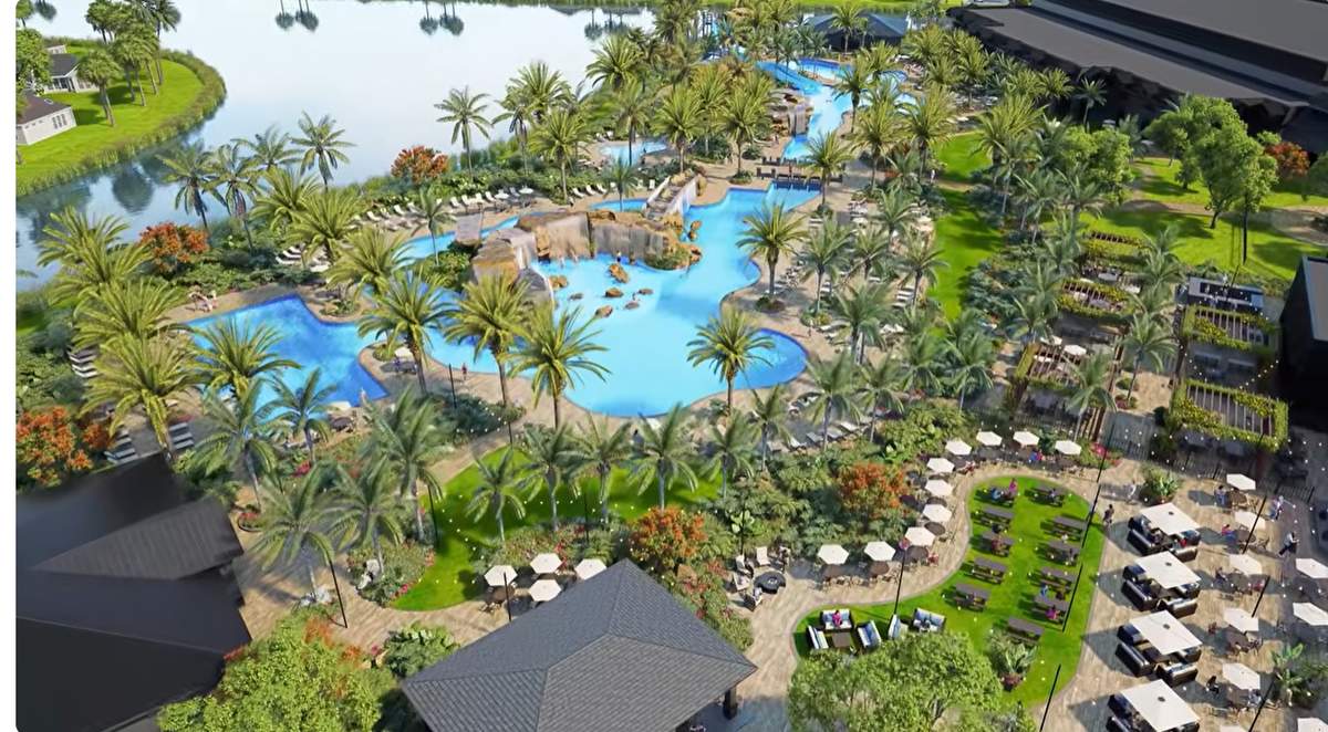 Aerial view of the resort pool lagoon and lawn seating