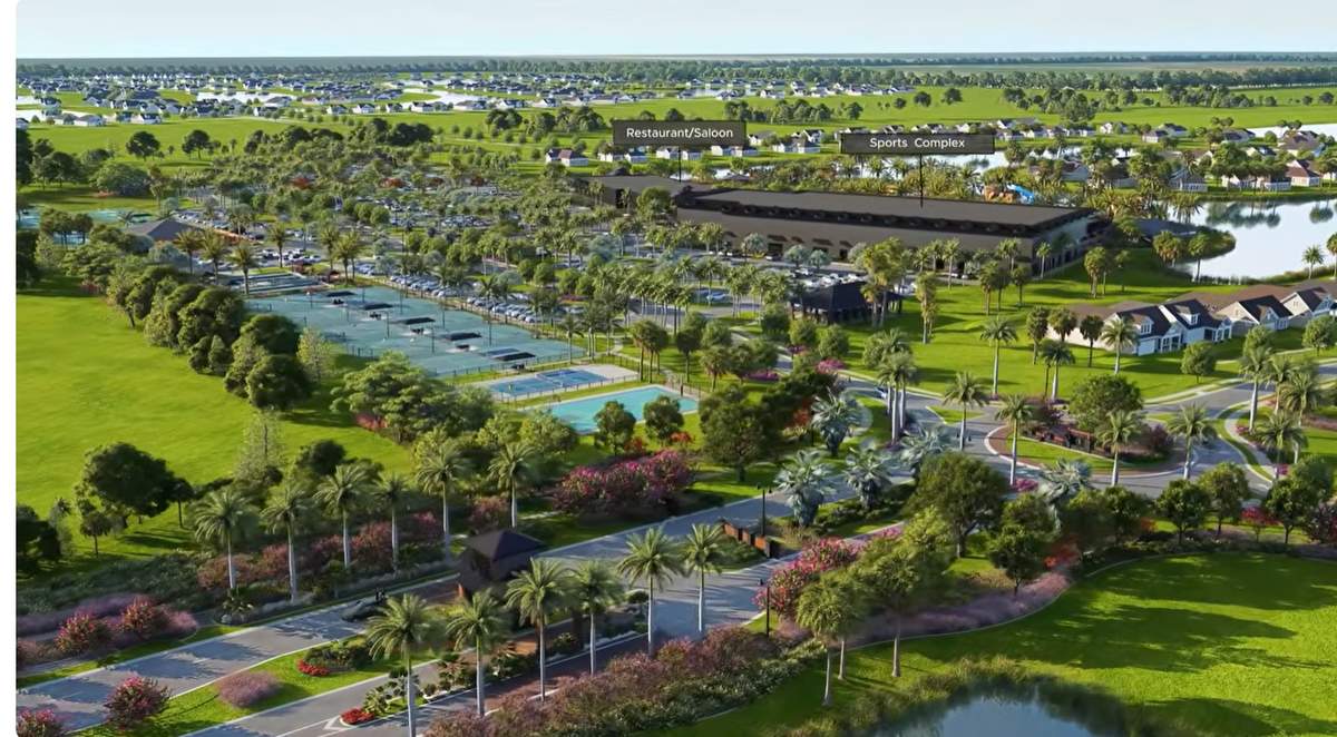 Aerial view of the amenity campus showing the Restaurant/Saloon and Sports Complex