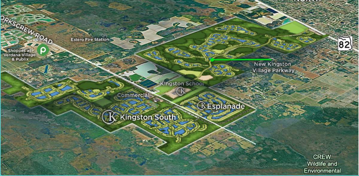 Kingston master plan aerial overview showing Kingston South, Esplanade, Kingston School, and Kingston Village Parkway