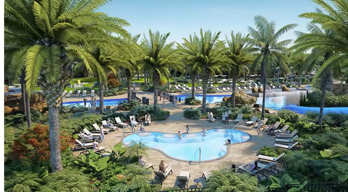 Palm-lined pool view at Kingston South